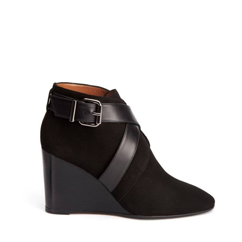 Aquatalia Tillie Black Suede Leather Buckle Wedge Boots Size 8.5